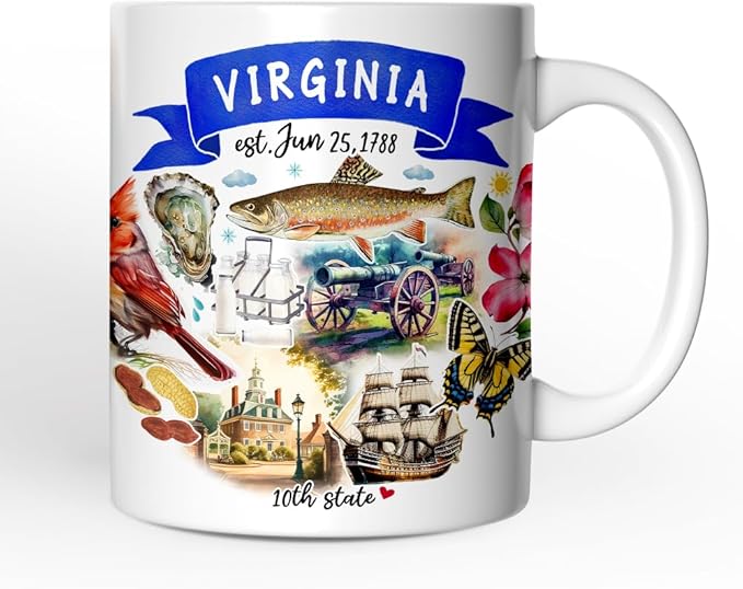 OrnamentallyYou State Travel Landmark Mugs – 12 oz Ceramic Coffee Cups, U.S. Souvenir Gift for Tourists (Artistic Virginia State Themes and Landmarks Mug)