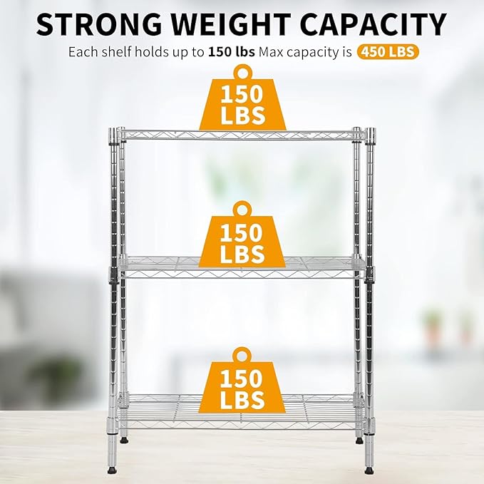 3 Tier Shelf Adjustable Wire Shelving Unit Metal Shelves with Leveling Feet Storage Rack for Kitchen Bathroom Utility Shelf Space Saving, 450lbs Capacity, 13"x23"x30"H, Chrome