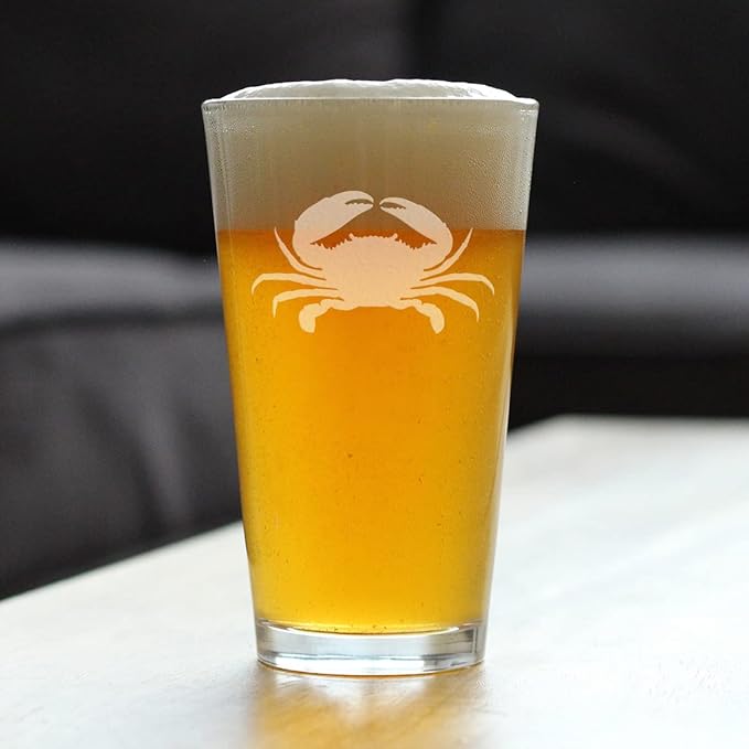 Crab Pint Glass for Beer - Beach Themed Decor and Gifts for Ocean Lovers - Engraved Silhouette - 16 Oz Glasses