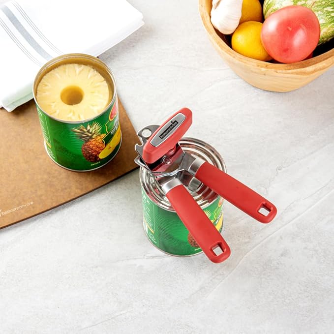Restaurantware Comfy Grip 7.6 x 1.9 x 2.1 Inch Can Opener 1 Durable Manual Can Opener - Sharp Wheel Blade Grip Handle Red Stainless Steel Hand-Held Can Opener Built-In Bottle Opener