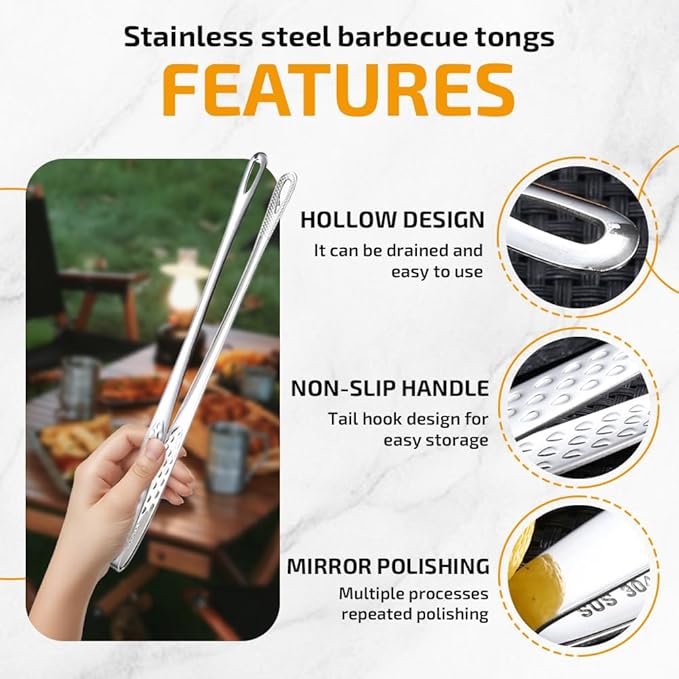 Stainless Steel Korean BBQ Grill Tongs, 2026 New Kitchen Cooking Tweezers, Extra-Long Food Tweezers Metal BarbecueTongs for Steak Meat Salad Buffet Home Outdoor BBQ (Small+Large)