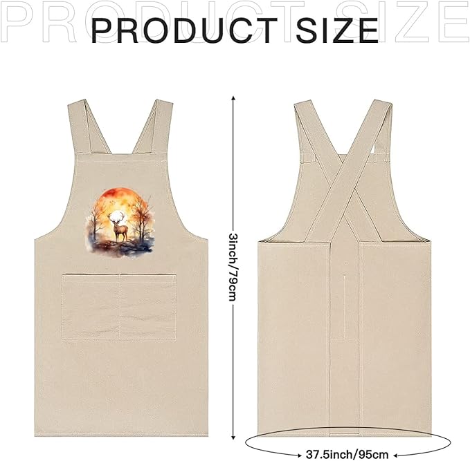 Cotton Linen Apron Non-tie Cross Back Kitchen Apron with Pockets Soft Comfortable Durable for Cooking Baking Gardening (Khaki,Deer)