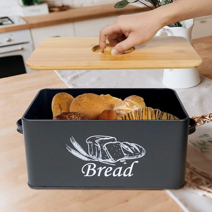 SOTECH Bread Box for Kitchen Countertop Metal BreadBox with Cutting Board Bamboo lid Black Bread Bin Farmhouse Food Storage Container Holder