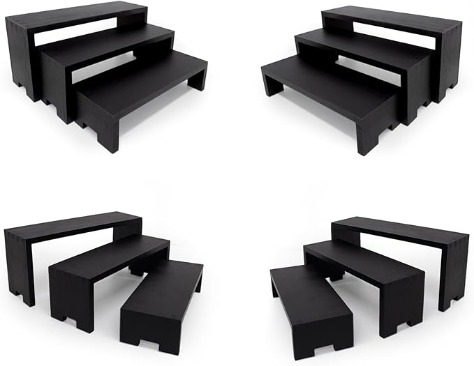 12Pcs Display Riser Wood Risers Wooden Stand 3 Tier 4 Set 12 Pieces Wood Racks Decorative Rectangular, Cupcake Stands Cologne Perfume Organizer(Black)