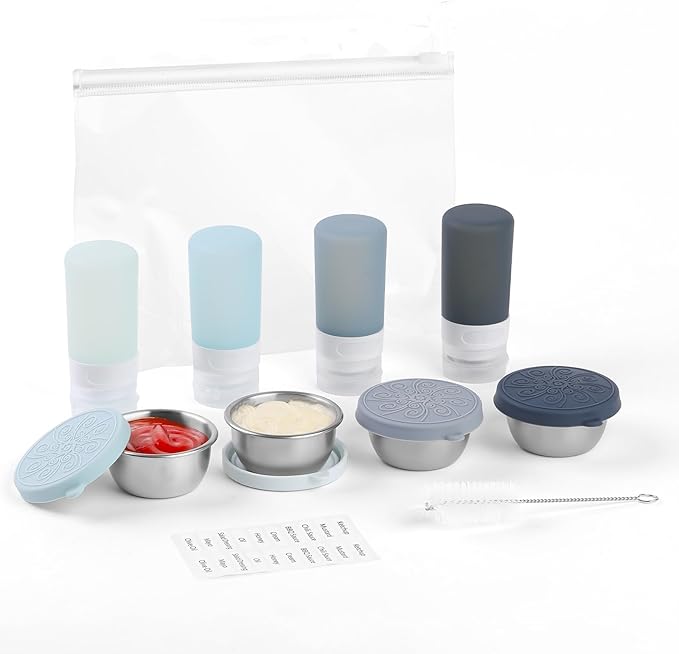8-Pack Salad Dressing Container To Go, 2-oz Silicone Small Condiment Squeeze Bottles and 1.6 oz Stainless Steel Sauce Containers Cups, Leakproof Condiment Containers with Lids for Lunch Box
