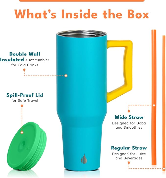 Elemental 40 oz Tumbler with Handle and Straw - Spill Proof Insulated Stainless Steel Commuter for Hot and Cold Beverages - Travel Coffee Mug with 2 Straws & Spill Proof Lid - 40oz- Blue Lagoon