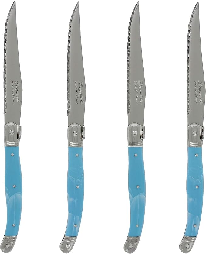 French Home Laguiole 4-Piece Steak Knife Set – Sophisticated Stainless Steel Dinner Knives with Faux Turquoise Handles & Iconic Bee Emblem – Serrated Knives for Smooth Cutting (9.25")