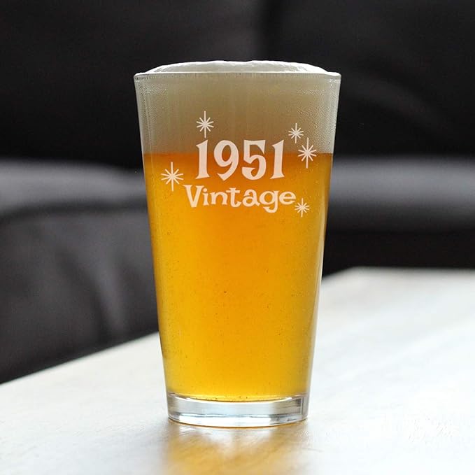Vintage 1951 Pint Glass for Beer - 74th Birthday Gifts for Men or Women Turning 74 - Fun Bday Party Decor - 16 oz