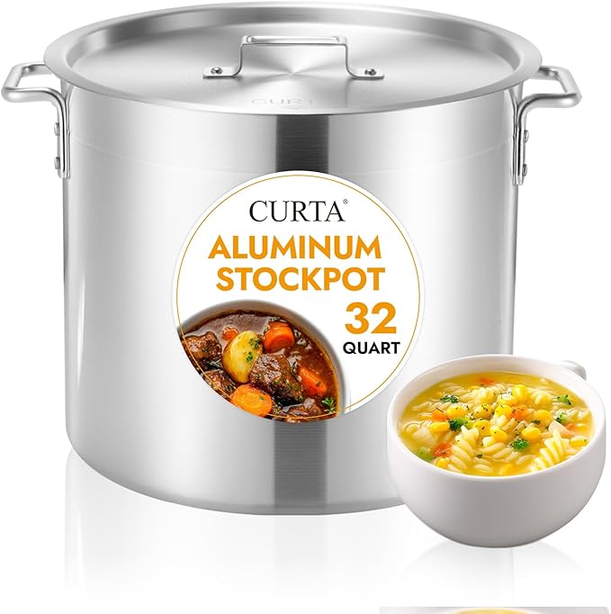 CURTA 32 Quart Aluminum Stock Pot with Lid, Heavy Duty Commercial Grade Large Capacity Cooking Pot for Boiling, Stewing, Great for Kitchen, Restaurant, Catering, and Home Use,NSF certified