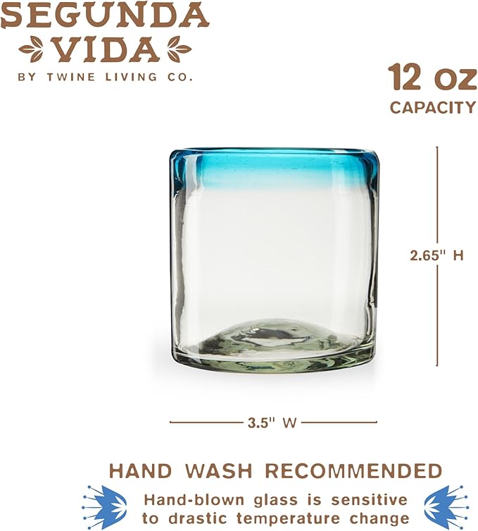 Segunda Vida Primavera Hand Blown Short Tumblers, Recycled Drinking Glasses with Blue Rim for Margarita, Tequila, Cocktails, Iced Drinks, Birthday Gifts for Women, Mexican Glassware, 12 oz, Set of 2