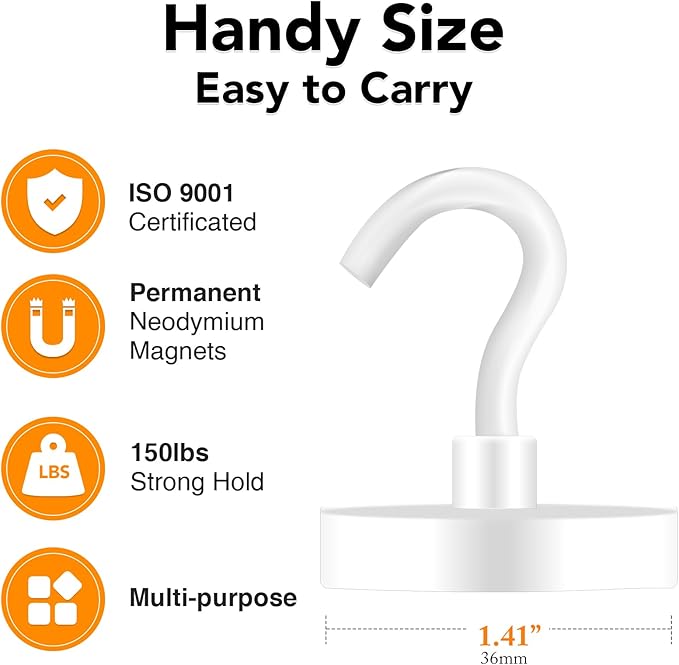 MIKEDE Magnetic Hooks Heavy Duty, 170LB Super Strong Magnetic Hooks for Cruise, Neodymium Earth Magnets with Hook for Hanging, Magnetic Metal Hanger for Fridge, Toolbox, Storage, (White, 4 Pack)