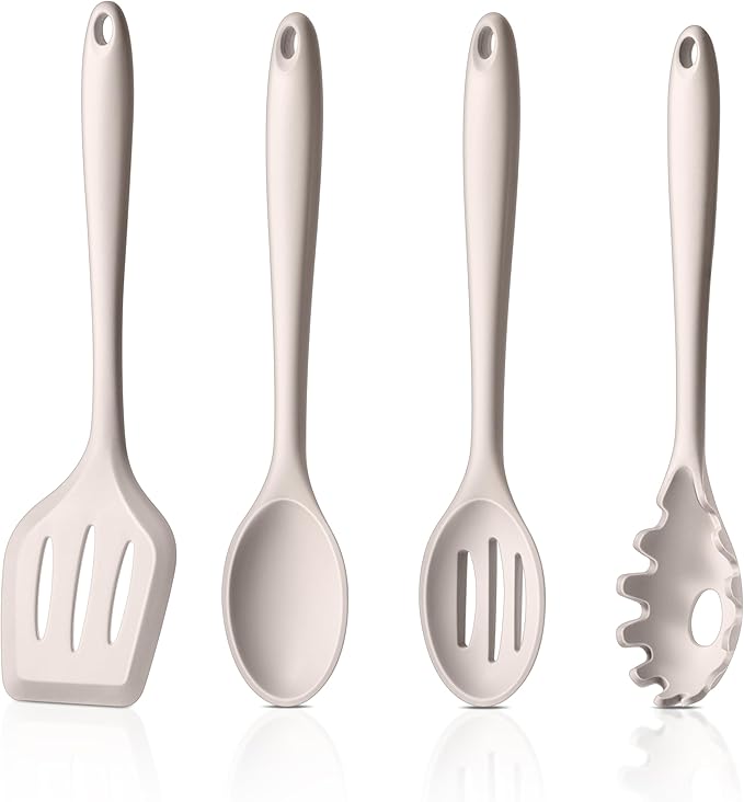 LIANYU 4Pcs Kitchen Utensils Set, Food-Grade Silicone Cooking Utensils, Farmhouse Kitchen Tools for Nonstick Cookware, Include Spoon, Turner, Pasta Server, Heat Resistant, Dishwasher Safe, Khaki