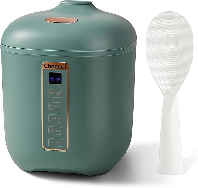 CHACEEF Mini Rice Cooker 2 Cups Uncooked, 1.2L Rice Cooker Small, Portable Non-Stick Small Travel Rice Maker, BPA Free, Smart Control Multifunction Cooker with 24 Hours Timer Delay & Keep Warm Function, Green