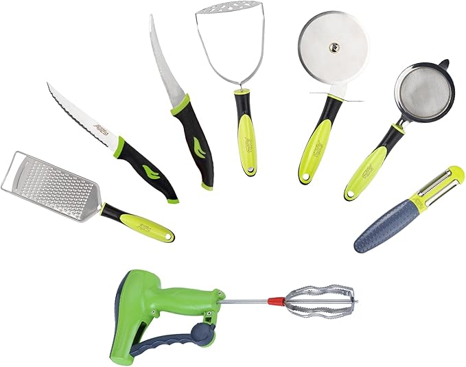 Anjali 8-Piece Olive Kitchen Tool Set – Stainless Steel Strainer, Cheese Grater, Pizza Cutter, Peeler, Potato Masher, 9.3" Veg Laser Knife, 7.9" Tomato Knife & Manual Hand Blender