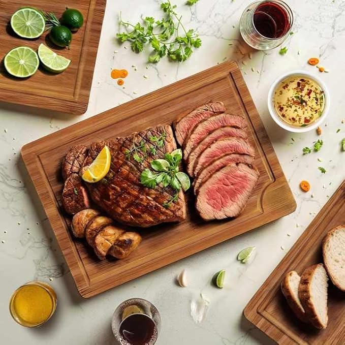 Bamboo Cutting Board Set (3-Pc) – Eco-Friendly Small/Medium/Large Chopping Boards with Deep Juice Groove & Handles – Heavy-Duty Butcher Block for Meat, Vegetables & Charcuterie