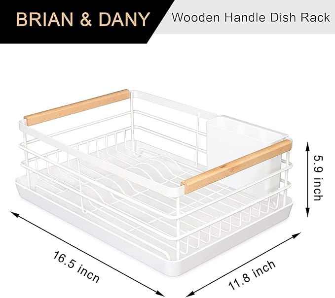 BRIAN & DANY Dish Drying Rack, Dish Racks for Kitchen Counter, Stainless Steel Dish Drainer with Removable Cutlery Holder & Drainboard, White