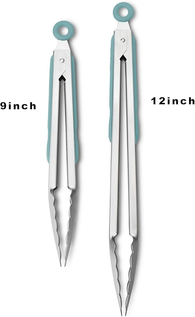 ALLWIN-HOUSEWARE W 304 Stainless Steel Kitchen Cooking Tongs, 9" and 12" Set of 2 Sturdy Grilling Barbeque Brushed Locking Food Tongs with Ergonomic Grip, Aqua Sky