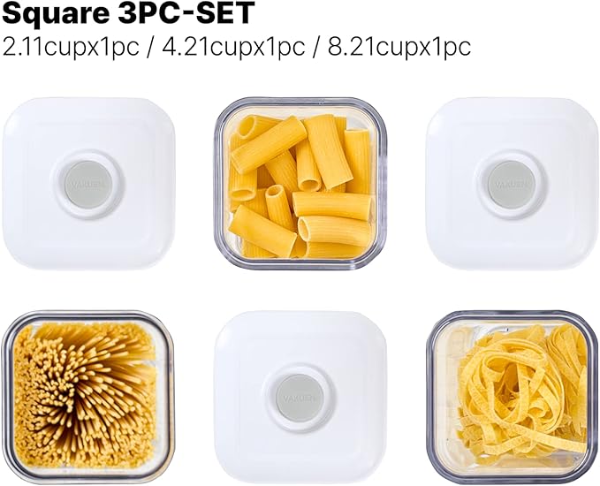VAKUEN Premium Airtight Food Storage Containers, Square-S 3PC-SET, Smart One-Click Seal Lid, No Hinges, 100% Leak Proof, BPA-FREE, Dishwasher, Freezer & Microwave Safe