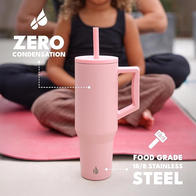 Elemental 40 oz Tumbler with Handle and Straw - Spill Proof Insulated Stainless Steel Commuter for Hot and Cold Beverages - Travel Coffee Mug with 2 Straws & Spill Proof Lid - 40oz - Rose
