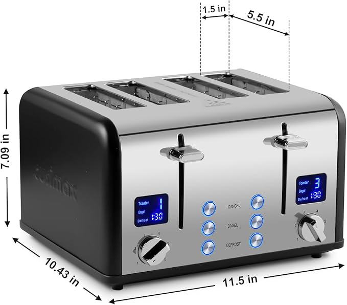 CUSIMAX 4 Slice Toaster with Smart LED Display, Stainless Steel Toaster with Exart Wide Slots, 6 Shade Settings, Bagel, Defrost and Cancel Fuction, 1650 Watts, Removable Crumb Trays, Black