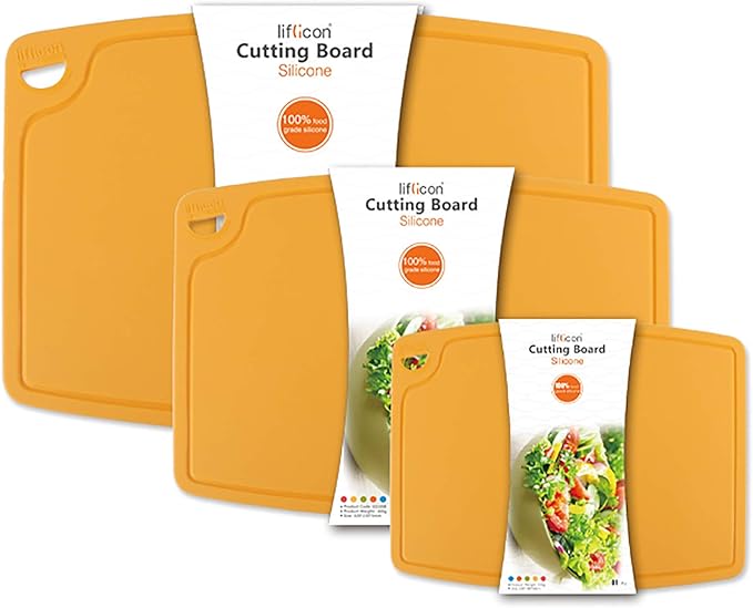 Liflicon Silicone Thick Cutting Boards Mats Set of 3pcs Foldable & Flexible Design Juice Grooves Easy Grip Handle Dishwasher Safe for Kitchen,BPA free Silicone Cutting Mats-Yellow
