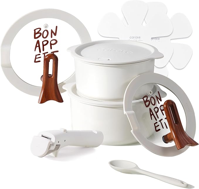 CAROTE Ceramic Sauce Pan Sets with Stand-Up Lid 3QT & 4QT, 10 Piece NonStick Kitchen Cookware Sets with Detachable Handle, Non Toxic Cooking Pot, Oven Safe, Induction Ready, Cream White