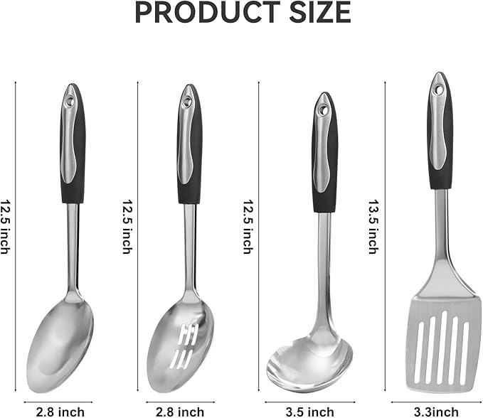 4-Piece Cooking Spoons Set, Serving Spoons Set, Stainless Steel Kitchen Cooking Utensil Sets, Slotted Spoon, Ladle, Turner, Serving Spoon, Commercial and Residential Use