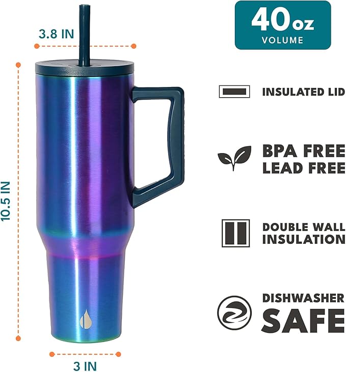 Elemental 40 oz Tumbler with Handle and Straw - Spill Proof Insulated Stainless Steel Commuter for Hot and Cold Beverages - Travel Coffee Mug with 2 Straws & Spill Proof Lid - 40oz - Iridescent