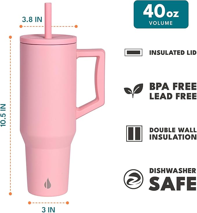 Elemental 40 oz Tumbler with Handle and Straw - Spill Proof Insulated Stainless Steel Commuter for Hot and Cold Beverages - Travel Coffee Mug with 2 Straws & Spill Proof Lid - 40oz - Rose