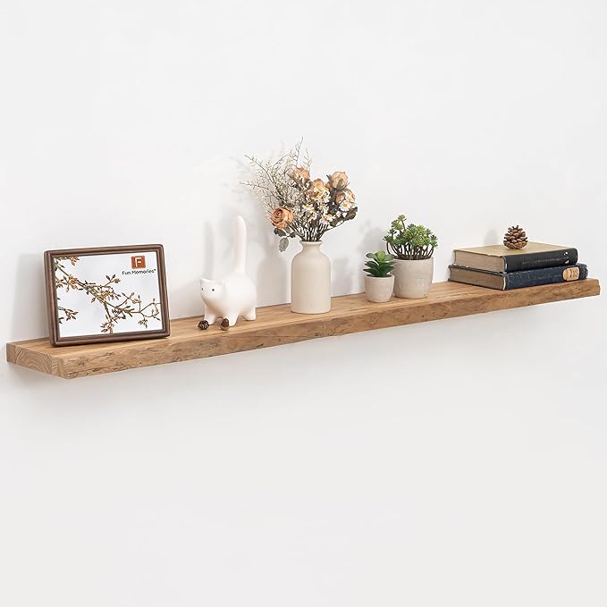 Fun Memories Floating Shelves for Wall Set of 2, Rustic Solid Elm Wood Wall Shelves 24 Inch - Invisible Bracket Mount for Living Room, Bathroom, Bedroom, Kitchen, Natural