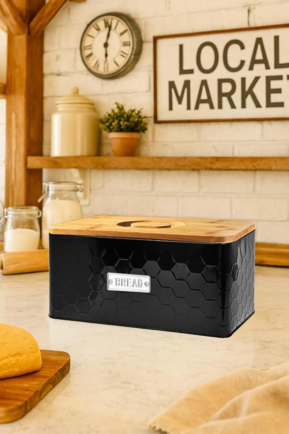 vensovo Bread Box for Countertop – Large Black Metal Bread Bin with Bamboo Cutting Board Lid, Farmhouse Bread Storage Container for Homemade Bread, Baked Goods & Kitchen Counter Organization