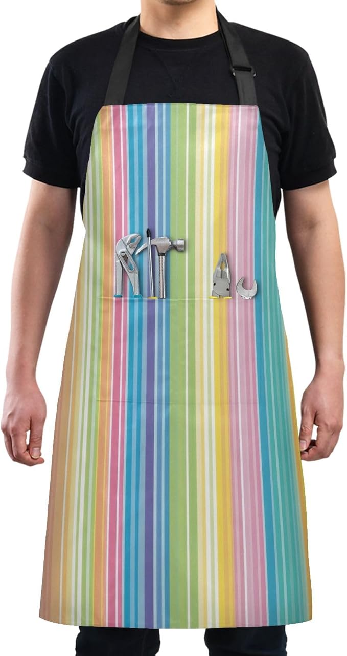 Rainbow Striped Apron, Aprons for Women with Pockets - Adjustable Aprons for Men Cooking Gardening Baking