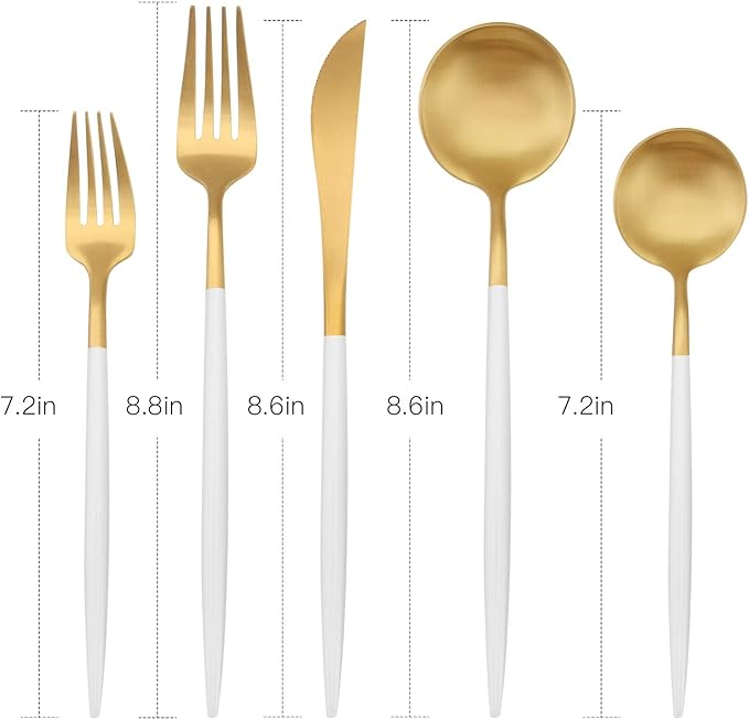 Matte Gold Silverware Set with white handle, Bysta 20-Piece Stainless Steel Flatware Set, Kitchen Utensil Set Service for 4, Tableware Cutlery Set for Home and Restaurant, Dishwasher Safe