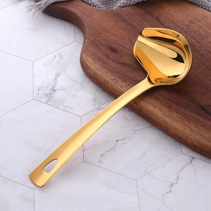 Sauce Ladle, BYEGOU Gold Drizzle Spoon with Spout Gravy Soup Ladle, Stainless Steel Kitchen Utensil, Mirror Polish & Dishwasher Safe, 8.67 Inch