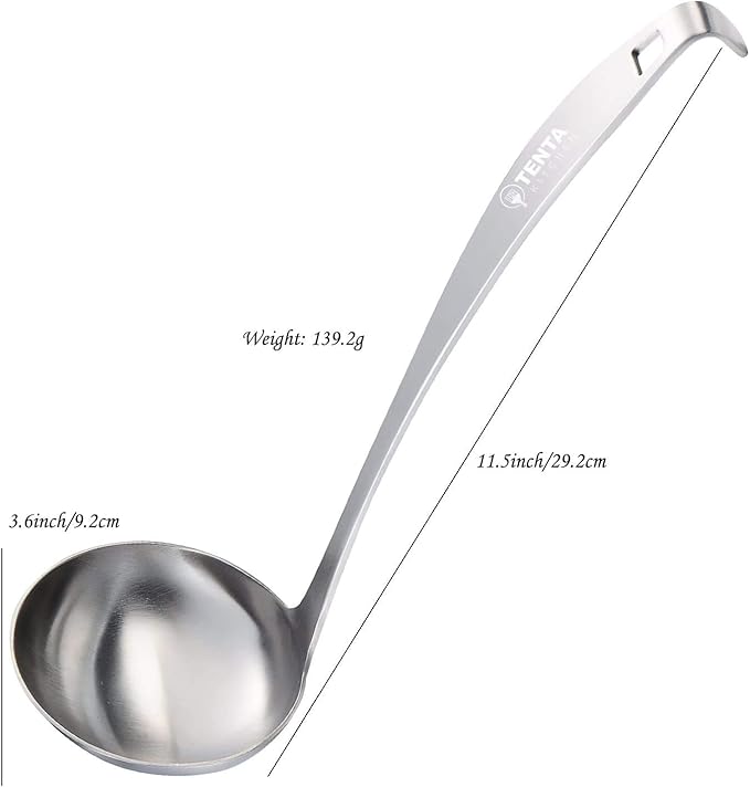 Tenta Kitchen 3oz/85ml Stainless Steel Small Soup Ladle Spoon Stainless Steel,11.5"x 3.6" – One-piece Professional Ladle With Hook And Hole For Convenient Hanging