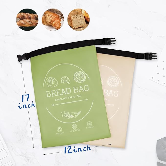 Bread Bags for Homemade with Beeswax Wrap - Zipper Reusable Bread Bag for Sourdough 2-Pack, Large Reusable Food Storage Bag to Keep Sourdough Fresh, Freezer-Safe, Eco-Friendly (Khai& Green)