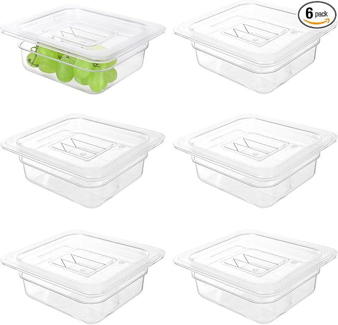 6 Pack 1/6 Size Food Pan with Lids,Stackable Freezer-Safe Meal Prep Containers for homes schools restaurants hotels -40°F to 212°F (1/6 size 2.5 inch deep, 1.1L/1.1QT)
