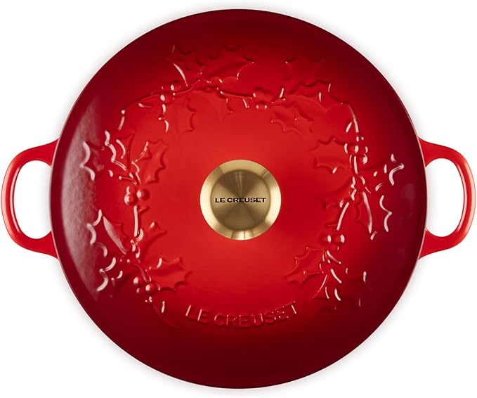 Le Creuset Enameled Cast Iron Holly Collection Soup Pot, 4.5 qt., Cerise with Gold Knob