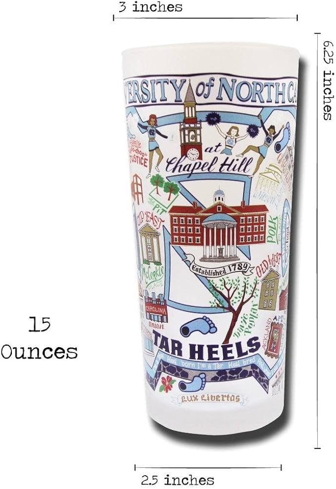 Catstudio Drinking Glass, University of North Carolina Glass Cup for Kitchen, 15oz Dishwasher Safe Tumbler for UNC Alumni
