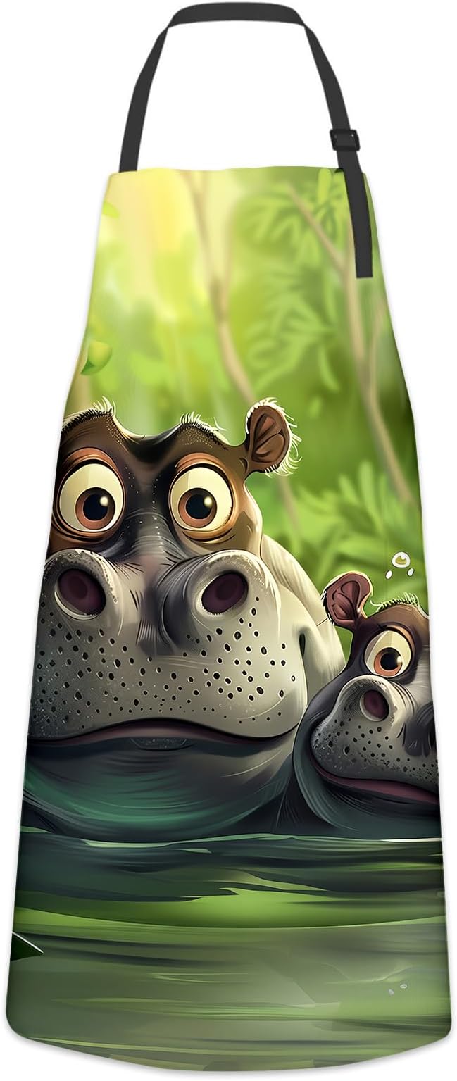 Playful Hippo Apron for Women Men, Cooking BBQ Chef Polyester Lightweight Cute Cartoon Hippo Aprons with Pockets for Baking Kitchen Gardening Cleaning, Adjustable Neck Strap, 28×33inch