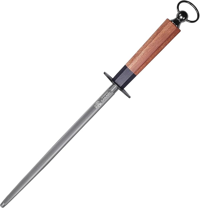 MITSUMOTO SAKARI 10 Inch Knife Sharpener Rod, Round Honing Rod, High Carbon Honing Steel