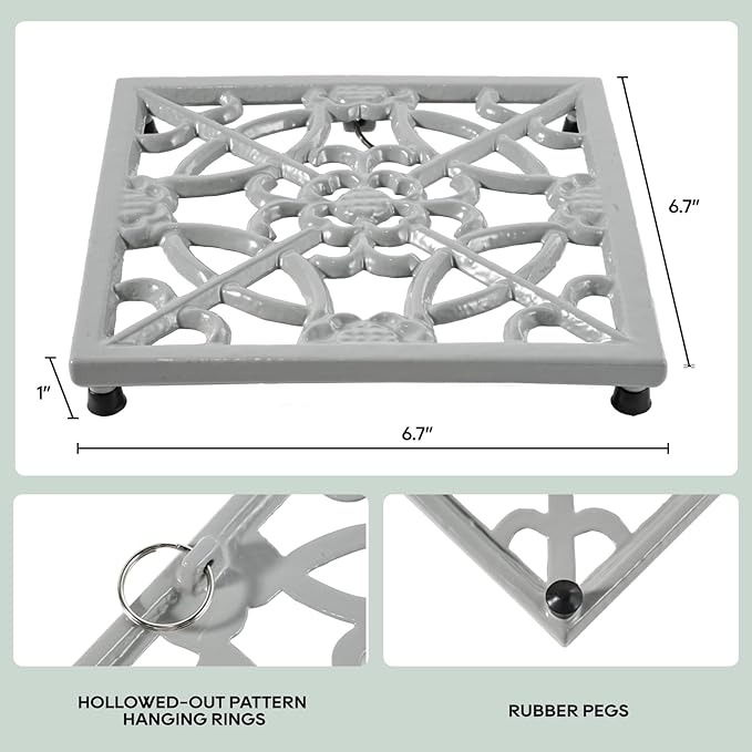 JOGREFUL Cast Iron Trivet Mats, Kitchen Pot Holders to Portect Table/Countertops, Heat Resistant Mats for Teapot/Hot Dishers/Plates, Vintage Mats with Weighted-Base, Flower Gray