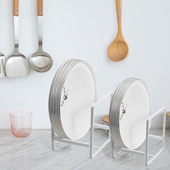 Plate Holders Organizer for Kitchen Cabinet Counter Cupboard, 4Pcs Metal Dish Storage Drying Display Rack, Upright Stand for Storing Pans Lids Dish Trays (2 Small and 2 Large, White)