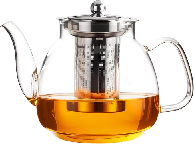 PARACITY Glass Teapot Stovetop 50 OZ/1500ml, Tea pot with Removable 18/8 Stainless Steel Infuser, Borosilicate Clear Tea Kettle, Teapot Blooming and Loose Leaf Tea Maker Tea Brewer for Camping, Travel