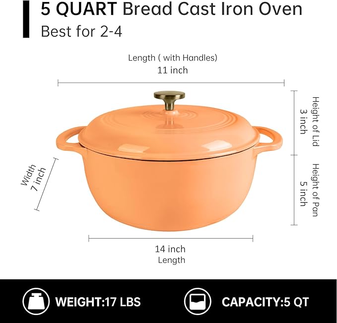 Premium Enameled Cast Iron Dutch Oven for Bread Baking | Non-Stick 5.5QT Oval Bread Oven with Lid | Perfect for Sourdough, Loaf, and Artisan Baking (Round Orange, 5.5 QT)