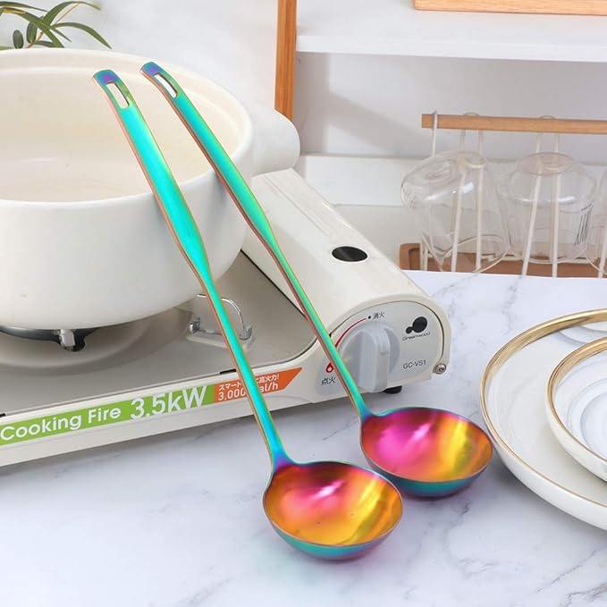 Buyer Star 2 Pcs Soup Ladle Spoons,Rainbow Cookware Serving Long Handle Steel Slotted Spoon Cooking Utensil Set for Hotpot