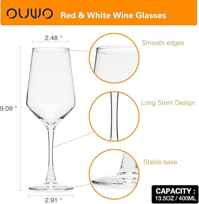 Wine Glasses Set of 8, 13.5oz Red White Wine Glasses,Lead-free Long Stem Wine Glasses for Home, Party, Wedding, Ideal Wine Accessories Gift,Clear
