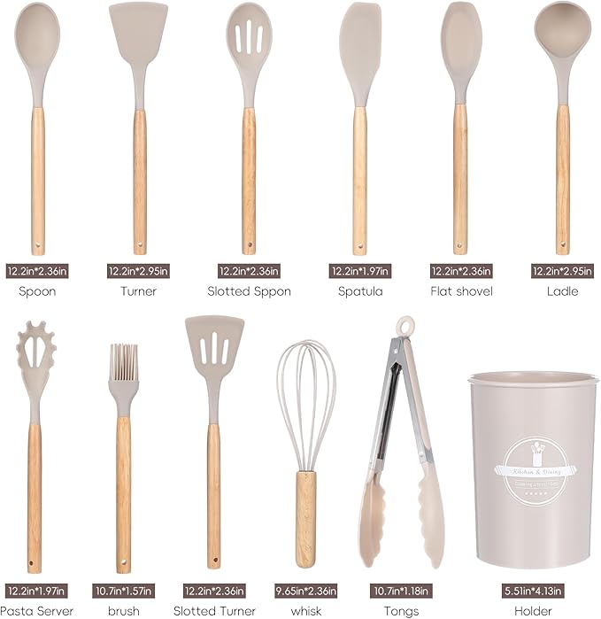 12 Pcs Kitchen Utensils Set, 446°F Heat Resistant Silicone Cooking Utensils Set, Non-Toxic Wooden Utensil Set, Kitchen Gadgets Tools Set for Nonstick Cookware, Kitchen Accessories, Khaki