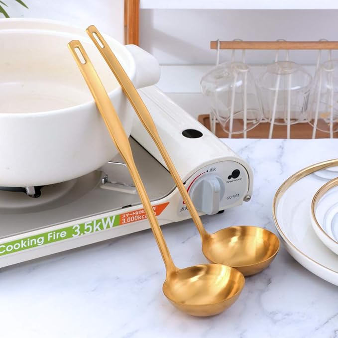 Buyer Star 2 Pcs Soup Ladle Spoons, Gold Cookware Serving Long Handle Steel Slotted Spoon Cooking Utensil Set for Hotpot
