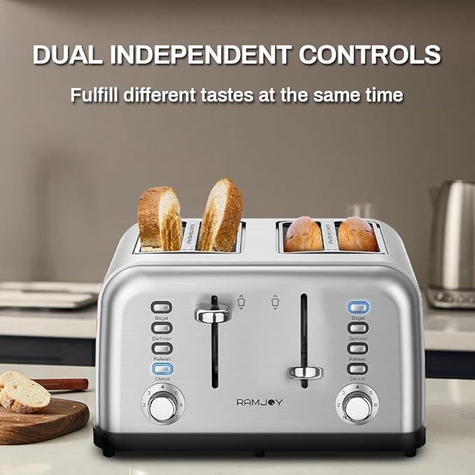 Toaster 4 Slice, Dual Independent Controls, Extra Wide Slot Toasters for Bagel, Bread, Waffles, 7 Shade Settings, 4 Main Functions, Removable Crumb Tray, 1500 Watts, Brushed Stainless Steel